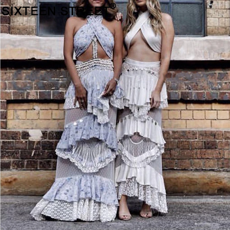 

New Woman 2 piece sets white lace flare sleeve blouse and high waist maxi skirt luxury tassel hollow top and skirt autumn winter