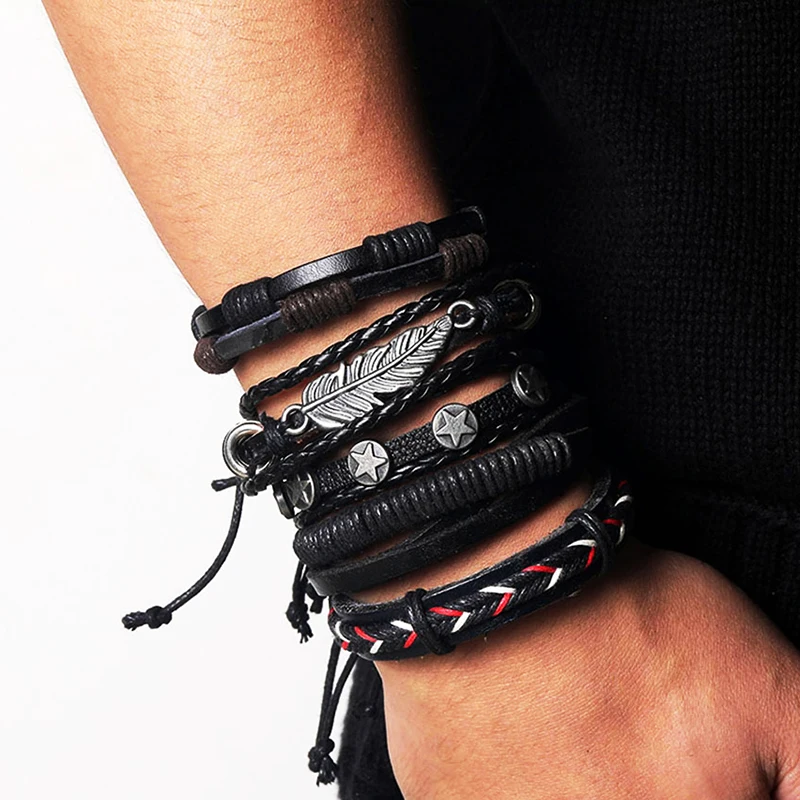

17IF Fashion Multiple Layers Leaf Genuine Leather Bracelets Men Punk Rope Chain Wrap Arm Bracelet Bangle Set For Male Jewelry