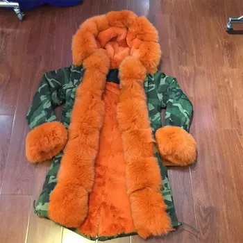 

New Fashion style camouflage long jacket Orange fur removable hood/sleeve/collar fox/rabbit/faux fur lining mrs furs parka coats