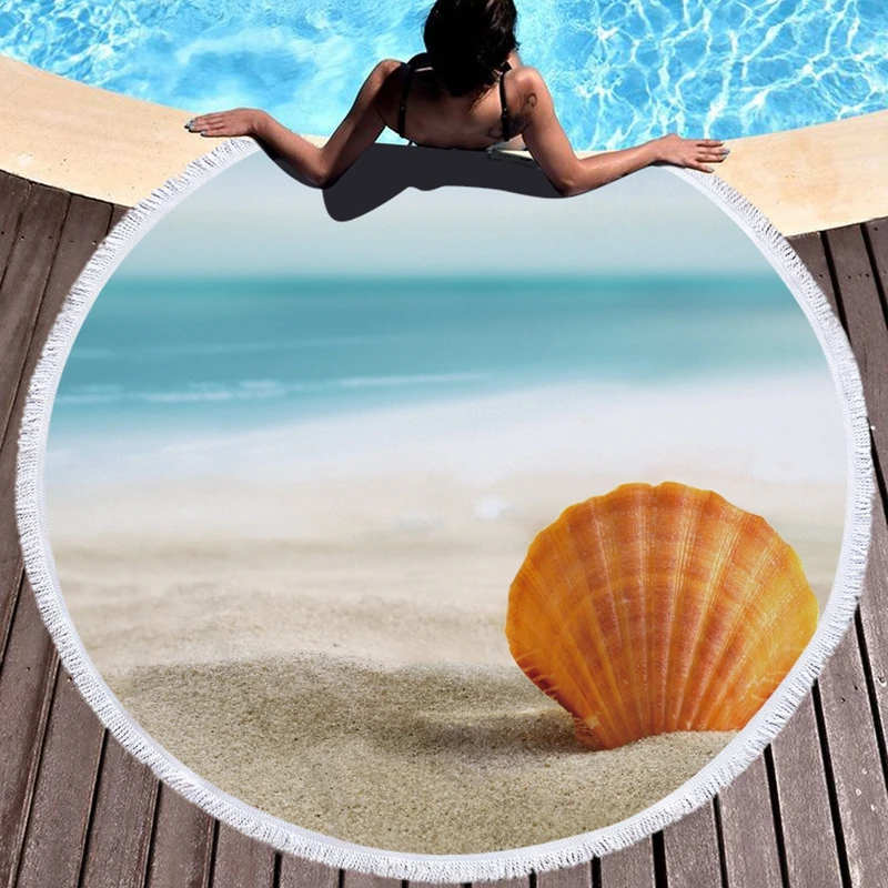 

Round Beach Towel Sea Shell Printed Large Beach Towels Microfiber 150cm Wall Hanging Tapestry Bath Towel for Kids Home Decor
