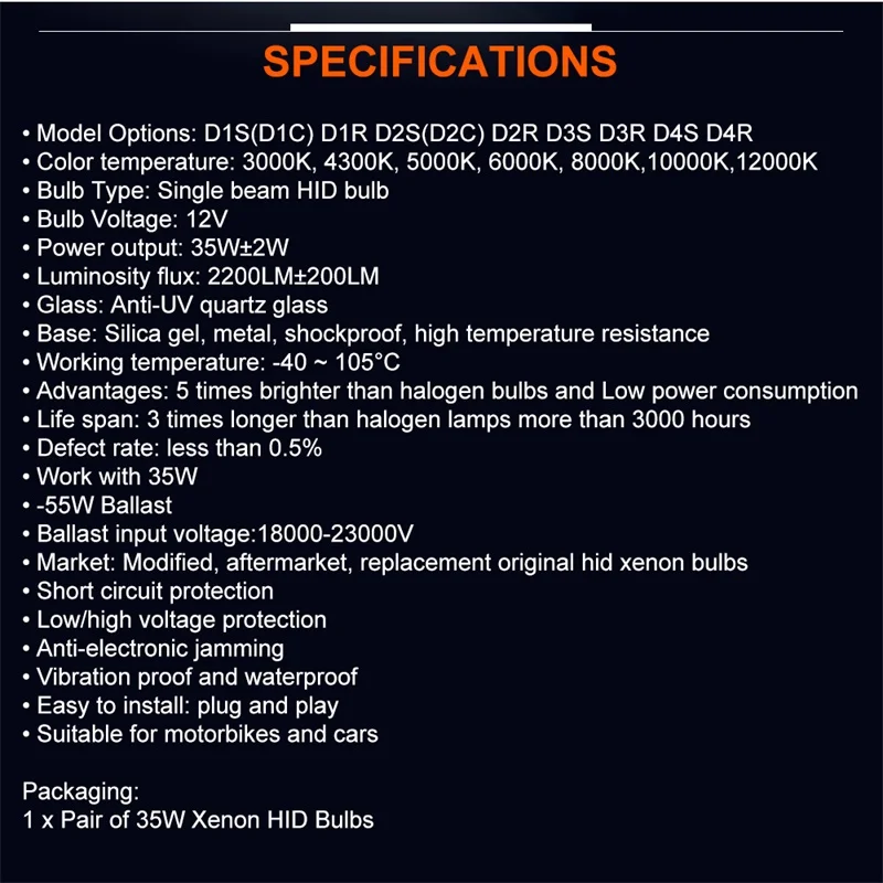 Лампа HID D1S D1R D2S D2R D3S D3R D4S D4R H1 H3 H7 H11 HB3 HB4 быстрая мощность 35 Вт 4300K 6000K 8000K 12000K для