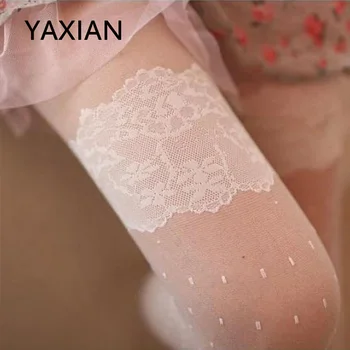 

YAXIAN Lace Dot Pantyhose Fake stockings Looks thin Fake Thigh Princess White 2018 NEW Women Black Nylon Sexy Kawaii Japanese