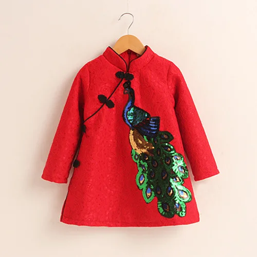 

2018 Qipao Baby Girl Winter Dress Thicken Kids Dresses for Girls Peacock Cheongsams Gift New Year Traditional Chinese Clothing