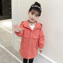 kids Girls Trench 2019 New Autumn Casual Solid Hooded Long Coats Outerwear Windbreaker Jackets Tops Children Clothing Costume weixu girls spring autumn trench jackets coats new children s zipper hooded long jacket coat kids windbreaker outerwear clothing