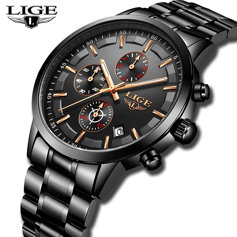 

LIGE Top Luxury Brand Watches Men Stainless Steel Waterproof Chronograph Quartz Clock Business Mens Watches Relogio Masculino