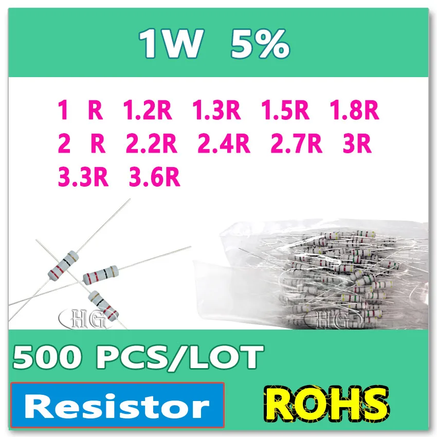 

JASNPROSMA 500PCS/LOT 5% 1W 1R 1.2R 1.3R 1.5R 1.8R 2R 2.2R 2.4R 2.7R 3R 3.3R 3.6R carbon film DIP OHM Resistor