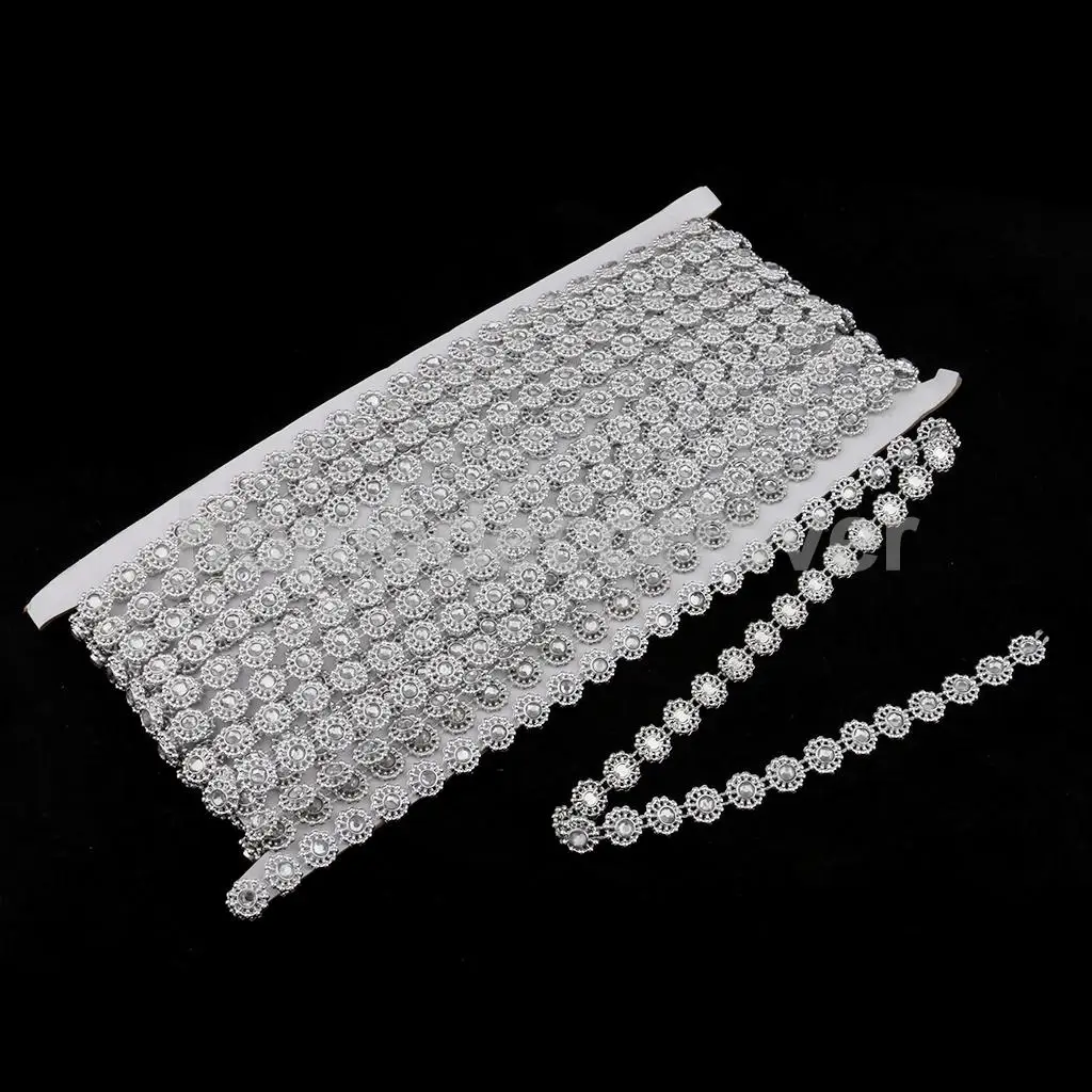 

9.1 Meters Flower Shape Crystal Beaded Chain Ribbon Trim Wedding Embellishment Decor Silver