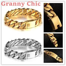 Granny Chic High Quality 8.6″ 15mm Wide Silver Gold color Curb Cuban Link 316L Stainless Steel Bracelet Mens Boys Unisex Jewelry