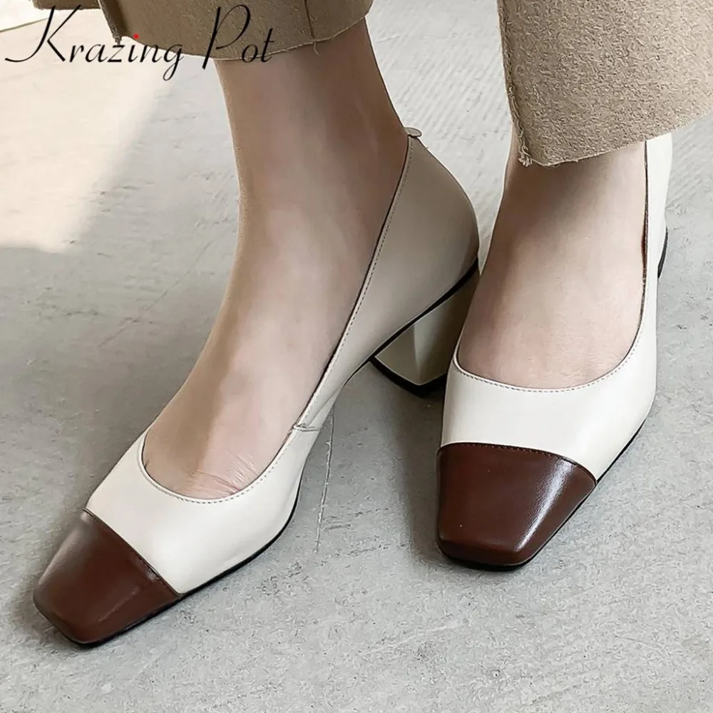 

New arrival plus size mixed colors chunky med heels slip on pumps natural leather superstars elegant square toe dating shoes L66
