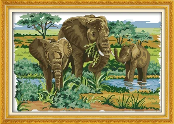 

Elephants(2)(foraging) Counted 11CT Printed 14CT DMC Cross Stitch Set DIY Chinese Cotton Cross-stitch Kit Embroidery Needlework