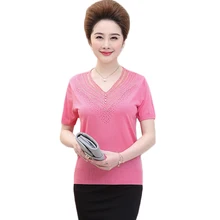 Женская летняя футболка новая модная одежда для мамы v-образный вырез, тонкая трикотажная футболка из сетчатой пряжи, женские топы AA219