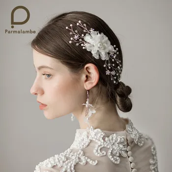 

Parmalambe Silver Hair Combs Flowers Handmade Rhinestone In Clear Pearl Hair Jewelry Bridal Headpieces Wedding Hair Accessories