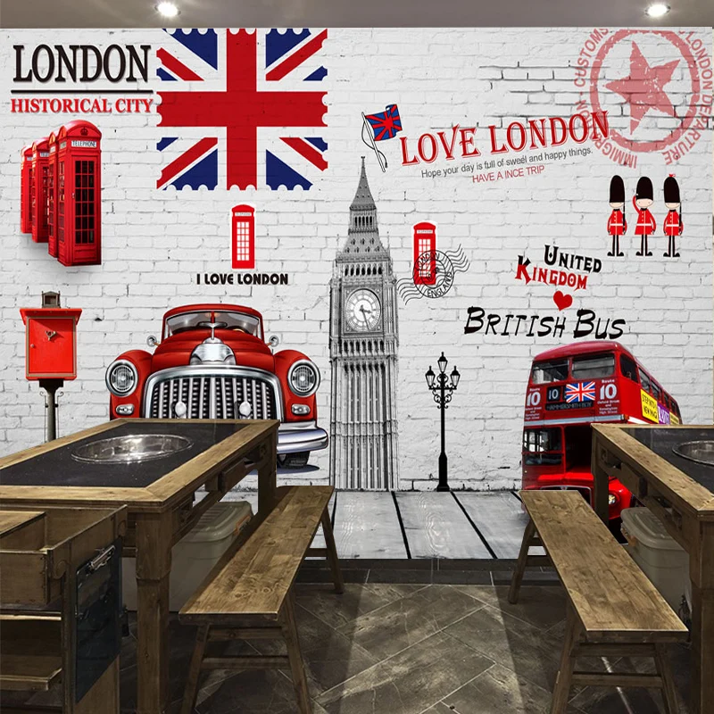 

Custom Size Photo 3D London retro mural bar box Cafe KTV background wall tea restaurant wallpaper mural