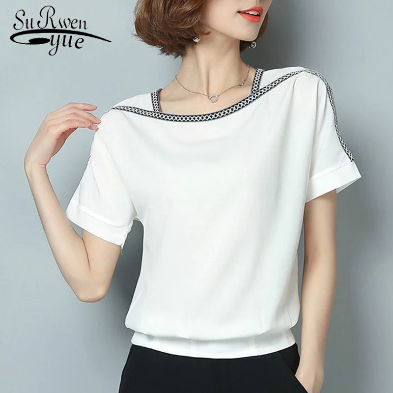 Женская белая кружевная блузка с коротким рукавом с воротником-стойкой женский топ Элегантная Лоскутная женская вязаная рубашка блузка большого размера 01C 20