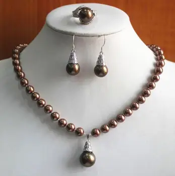 

New Design Women Coffee Pearl Necklace Earring Ring (7/8/9) Jewelry Set >>> women jewerly Free shipping