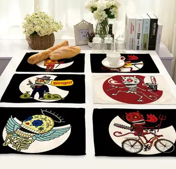 

4Pcs/lot Printed Linen Placemat Place mat Table Mat creative death's head creative polyester Dinner Coaster Dec wholesale FG683