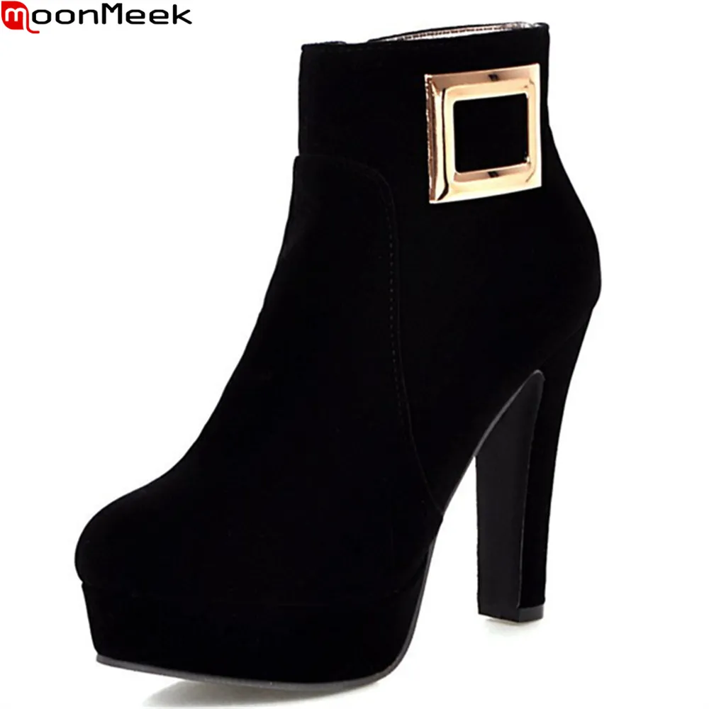

MoonMeek fashion new arrive women boots black red flock ladies boots autumn winter zipper platform super high ankle boo