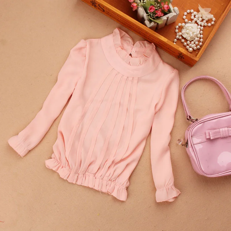 Новая Осенняя блузка для девочек Одежда для детей Одежда для маленьких девочек шифоновая Детская рубашка с длинными рукавами Школьная Блуза для девочек От 2 до 16 лет - Цвет: Розовый