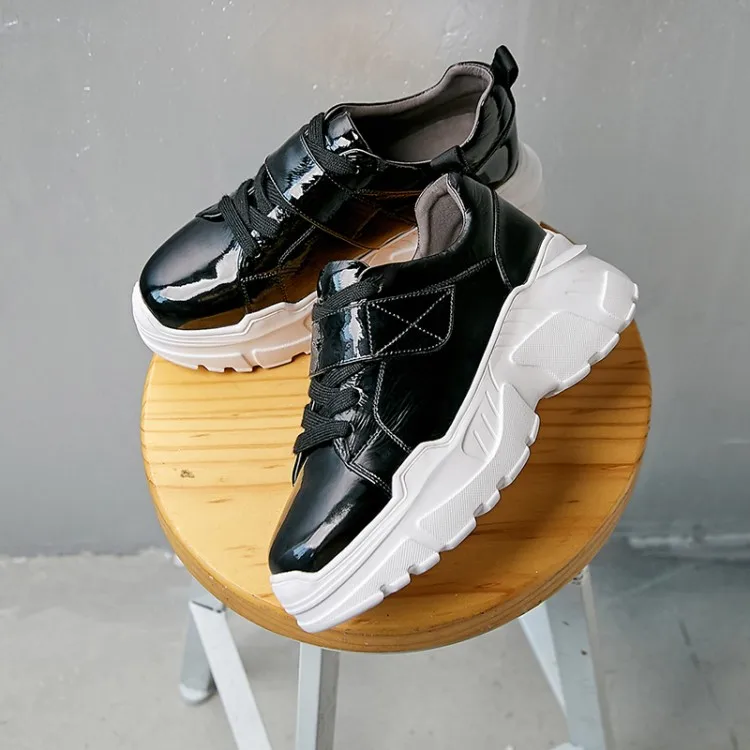 Plate Décontractées Mocassins En À Verni Printemps Femmes Noir Plats forme Creepers blanc Cuir Sport 2019 Femme Lacets Chaussures Plat Nouvelle Baskets vxIa06qnw