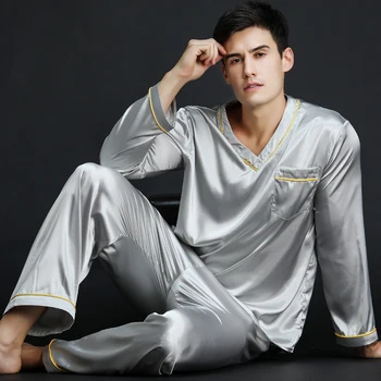 

2019 Spring Summer Autumn Men's Satin Silk Pyjamas Set Men Long-Sleeve Male Sexy Sleepwear Leisure Home Clothing Plus Size