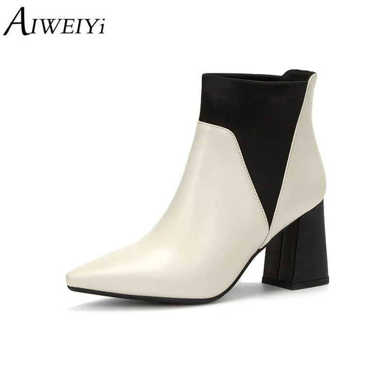 

AIWEIYi Genuine Leather Ankle Boots Pointed toe Platform Pumps Autumn Winter Black Booties Ladies Martin Boots Botas