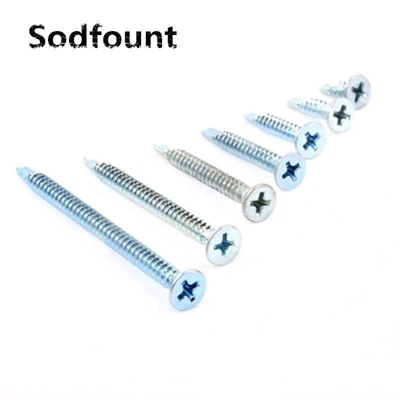 

20pcs Cross recessed countersunk head self-drilling screws M4.2*13-63mm Blue white zinc Flat drill tail swallowtail screw