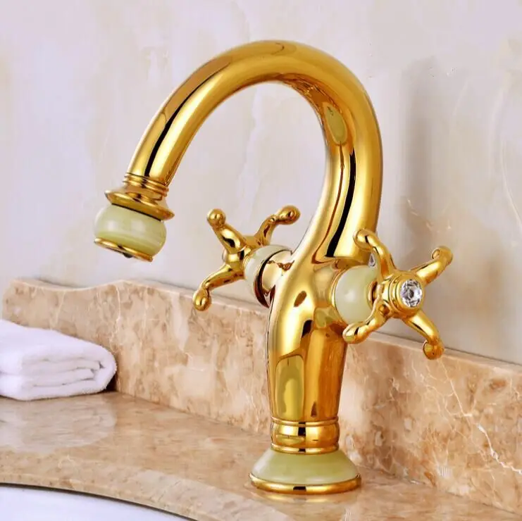 Retro Golden Faucets Bathroom Jade Double Handle Basin Mixer Tap Noble
