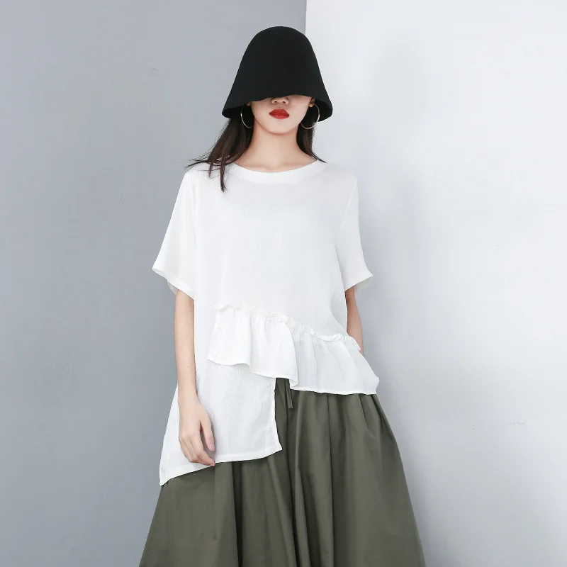 

Johnature Summer 2019 New Irregular Ruffles Women Tops Streetwear Simple Solid Colour T-shirts O-neck Short Sleeve Loose Shirts