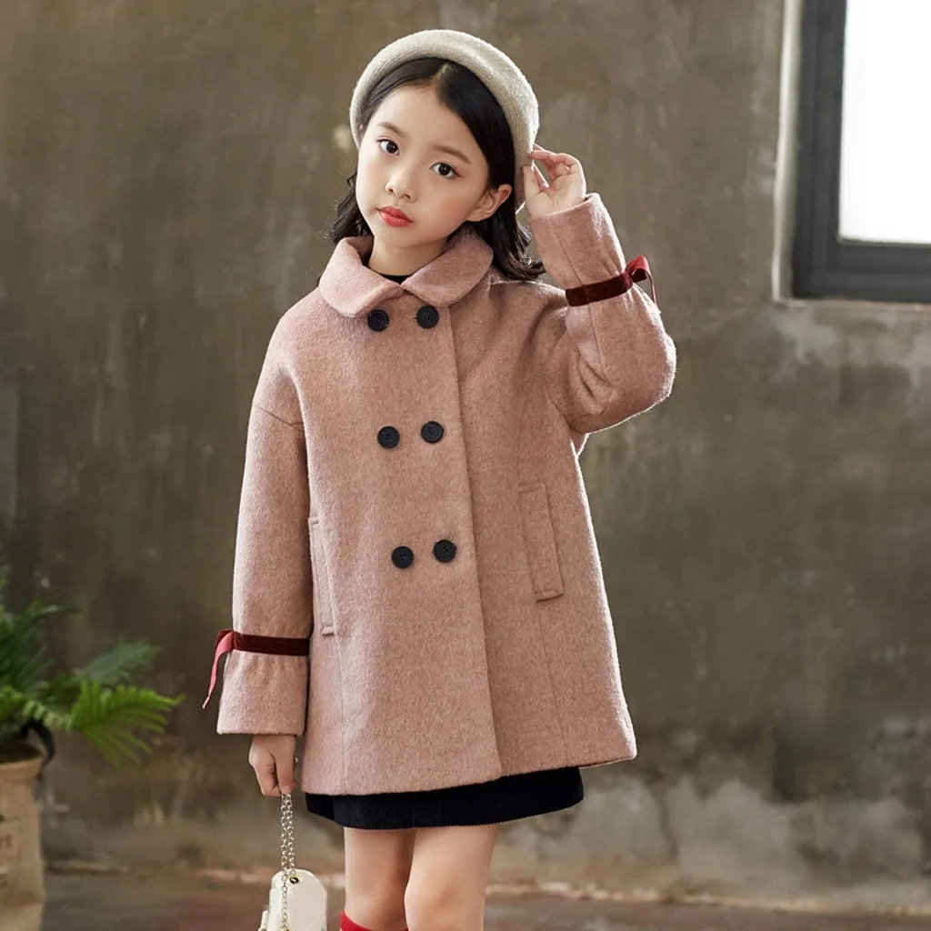 

Children Woolen Coat Clothes Button Jacket Bow Thick Winter Warm Jacket Solid Long Sleeve Coat Casual Outerwear Overcoat Toddler