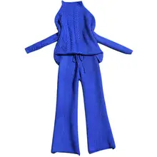 Женская мода шерсть вязаная теплая половина водолазка костюм свитер+ широкие брюки для отдыха комплект из двух предметов