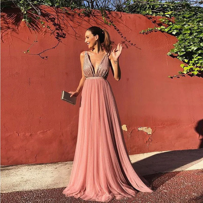 

BacklakeGirls 2019 Sexy Deep V Sleeveless Evening Dresses Open Back Long A Line Real Shot Dress For Formal Party