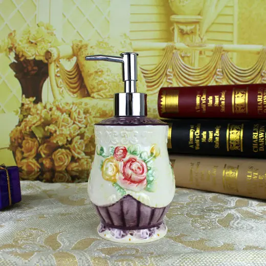 Ceramic soap bottle ceramic flowers design embossed hand painted soap dispenser bathroom foam