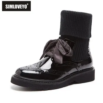 

SIMLOVEYO 2020 New Designer Brogue Mid calf boots kniting Sock Bow Leather sweet Cool Black Cutout Square heel Flat shoes