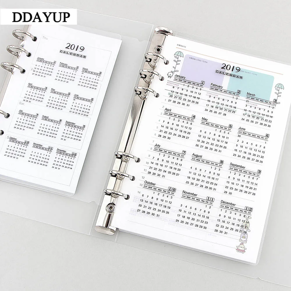 

2019 Calendar 6 Holes A5 A6 Handbook Loose-leaf Notebook Month Index Page Separator Page PVC Mat Scrub Standard