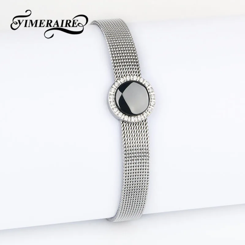 Женский браслет, черные круглые керамические серебряные браслеты для женщин, стальные стразы, элегантные браслеты, модные ювелирные изделия на годовщину