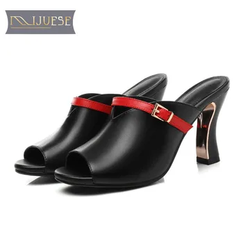 

MLJUESE 2018 women slippers cow leather slip on open toe slip on white colors Hoof Heels slides sandals beaches sandals size 39