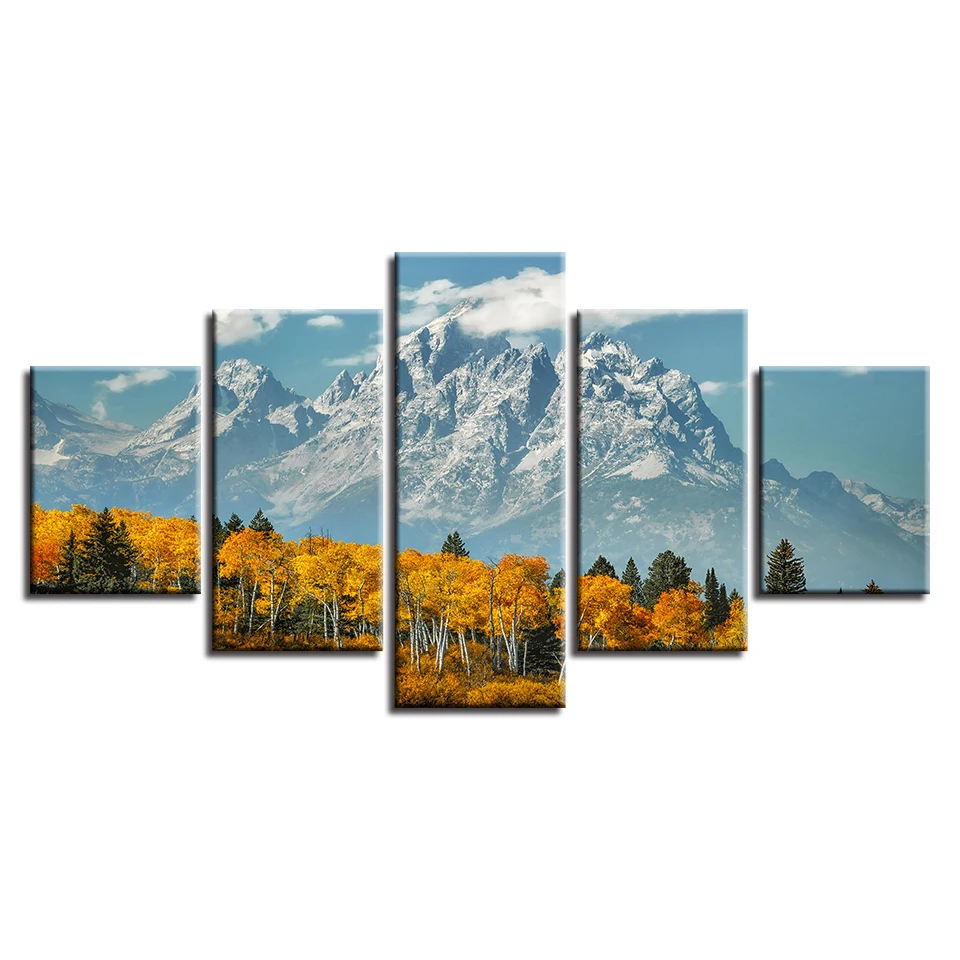 Original Oil Ink Canvas Painting Wall Art Frame HD Printed Pictures 5 Panel Poster Snow Mountain And Forest Photo | Дом и сад