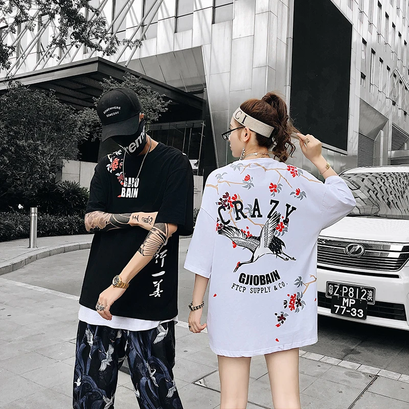 2019 Лето Китайский ветер ветви журавли печати короткий рукав рубашка Harajuku пара