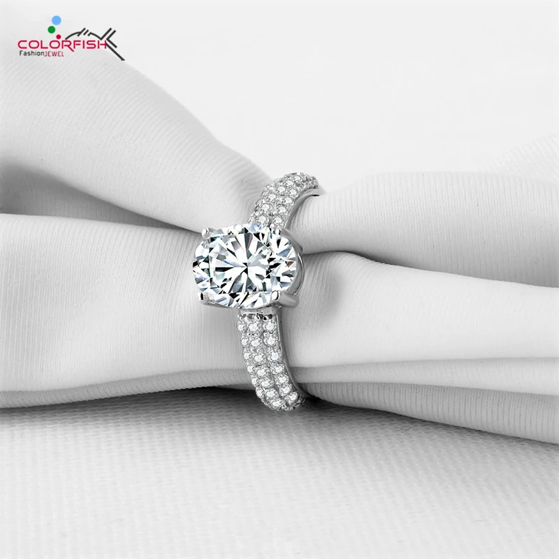 

COLORFISH 2 Carat Oval Women Ring Shine 3 Row Half Micro Pave Cubic Zirconia 925 Sterling Silver Female Finger Ring Wedding Gift
