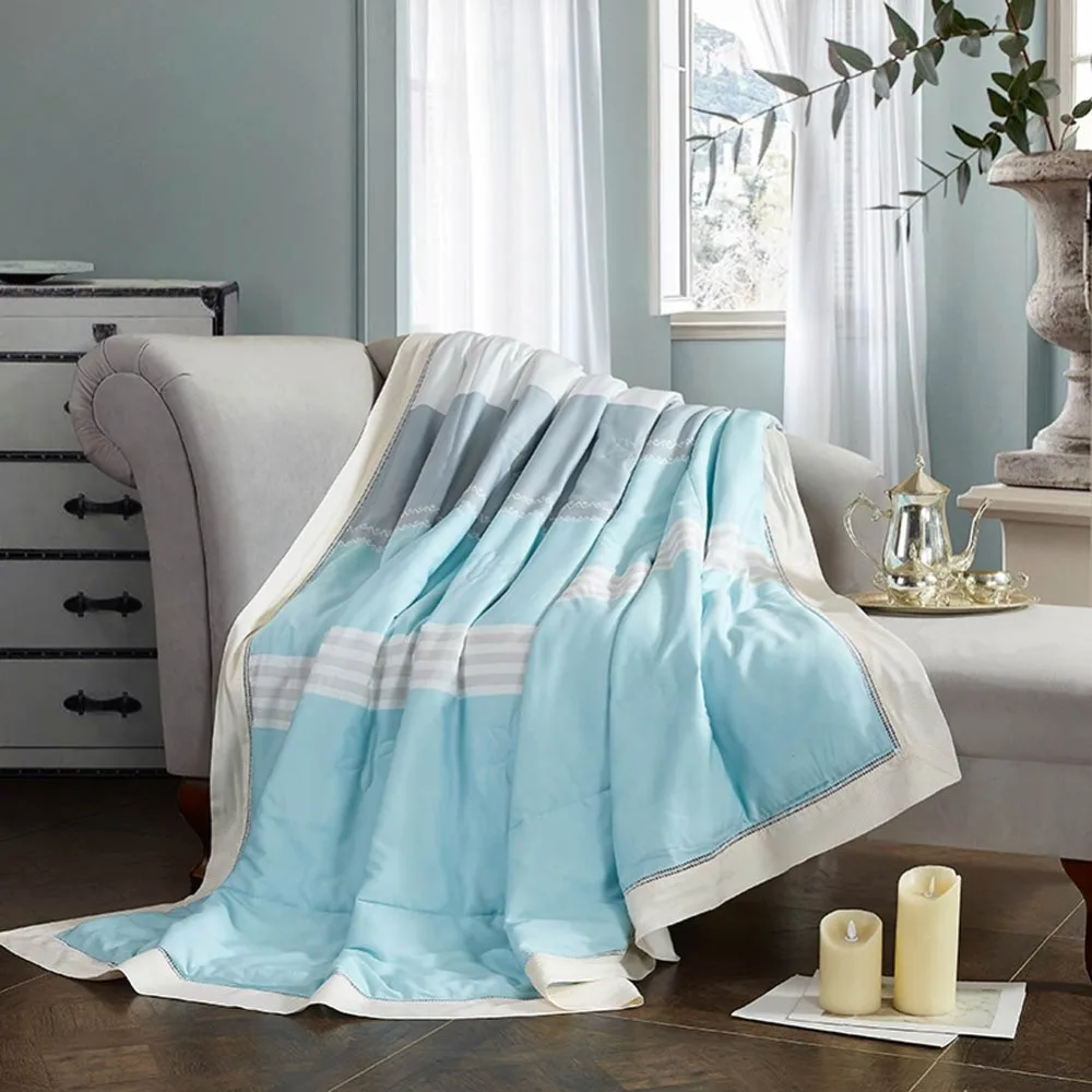 

2019 Stripes Blue Grey Quilting Quilt Soft Stitching Modal Artificial Silk Polyester Filler Queen King Summer Comforter