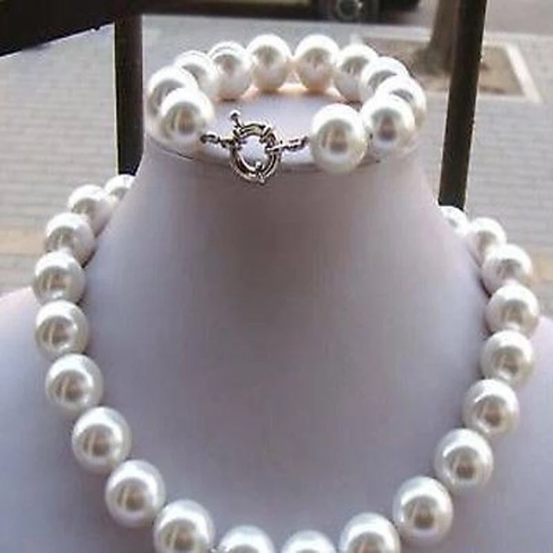 

Jxryxrth New 12MM white south sea shell pearl necklace bracelet AA2656