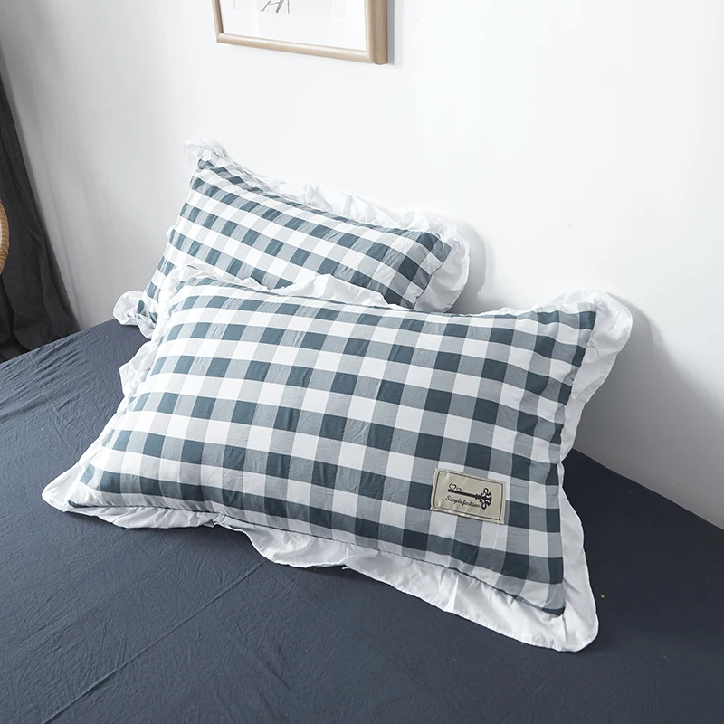2PC Ruffles Check Pillowcases Handmade Pillow Cases Thicken Cotton Pillow Sham Sweet Pillow Cover for Bedroom Home Bed 6 Color