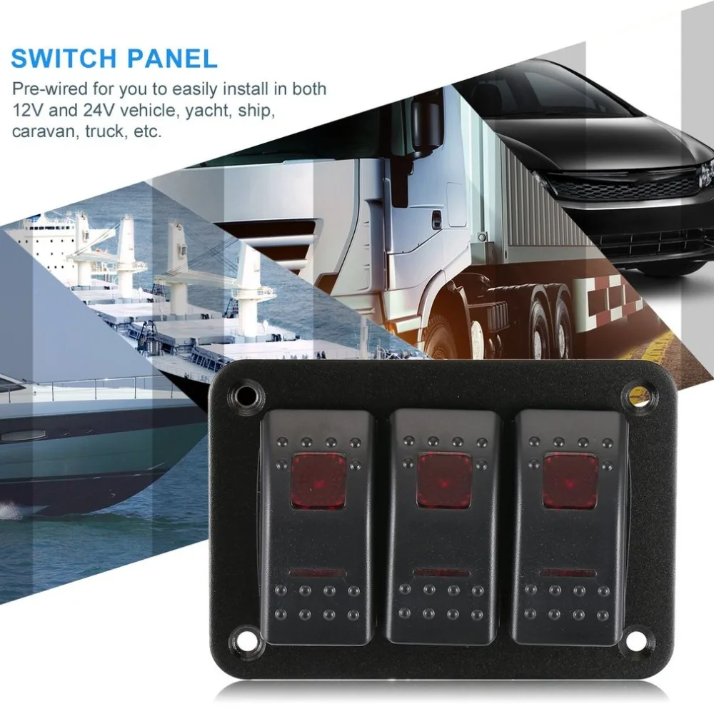 3 Gang Car Marine Boat RED LED Switch Panel Splashproof Rocker Switch Panel MY