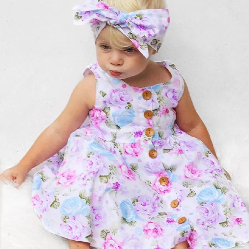 Toddler Girls Dresses Toddlers Infant Toddler Girl Flower Button Dress + Headdresses Sleeves