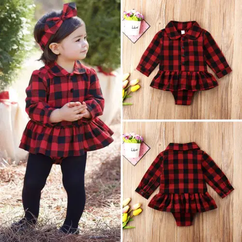 Adorable Newborn Red Plaid Bodysuits Long Sleeve Cute Baby Girls