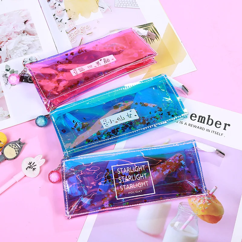 

Kawaii Creative Laser Storage Box Simple Transparent High Quality PU School Supplies Stationery Gifts School Cute Table Storage