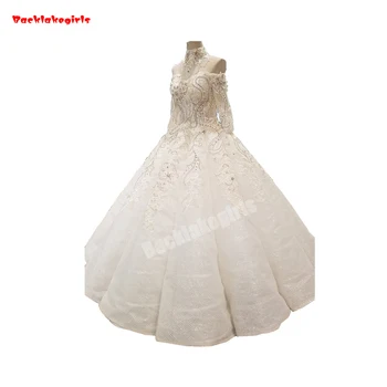 

2018 100% Real Picture Exquisite Custom Muslim Princess Wedding Dresses Off-The-Shoulder Long Sleeve Sweetheart Fluffy Ball Gown