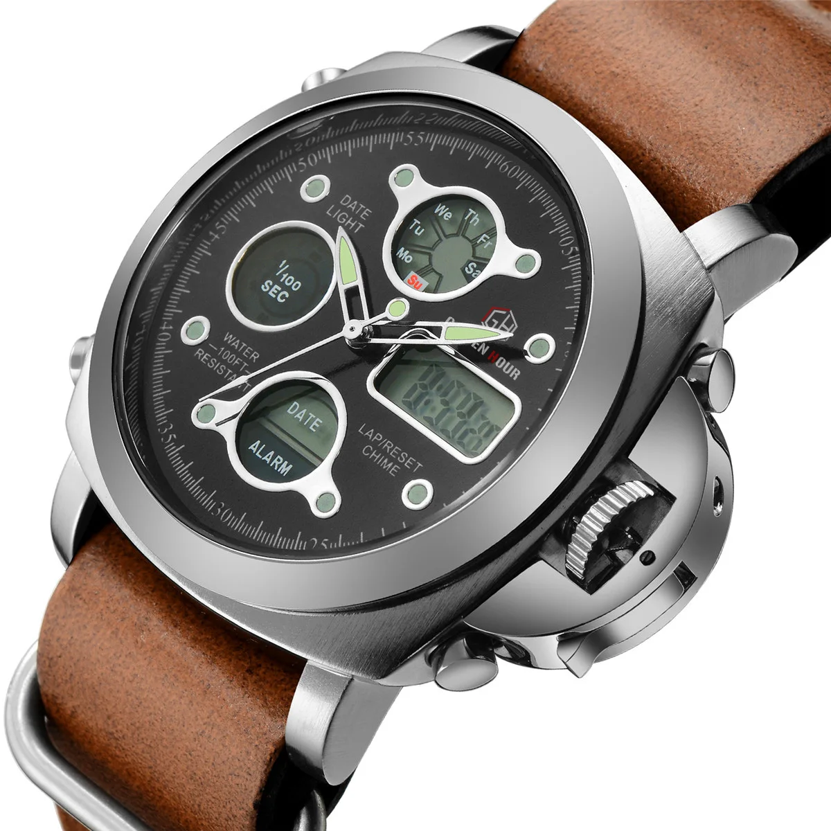 

GOLDENHOUR Fashion Sport Analog-digital Watch Men Date Alarm Light Multifunction Dial Top Brand Luxury Leather Quartz Wristwatch