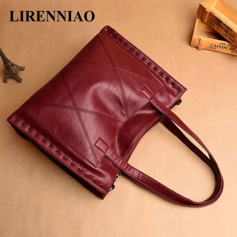 

LIRENNIAO High Quality Leather Handbags Ladies Cow Leather Tote Hand Bags Female Designer Thread Shoulder Bags For Women