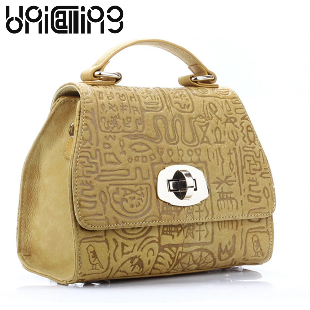 

UNICALLING women small bag vintage hieroglyphic embossing fashion genuine leather women shoulder bag slylish ladies handbag